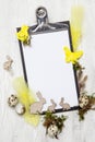 Easter decoration with Easter eggs on white wood background Royalty Free Stock Photo