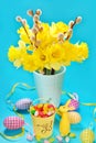 Easter decoration with egg shaped candies in bucket and rabbit f Royalty Free Stock Photo