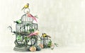 Easter decoration eggs and birds. Vintage style toned Royalty Free Stock Photo