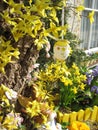 Easter decoration with eggs and spring flowers.