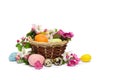 Easter decoration. Flowers apple tree, colored easter eggs and quail eggs in the basket on white background with space for text Royalty Free Stock Photo