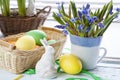 Easter decoration with flowers blue snowdrop, ceramic rabbits and colored eggs over light background Royalty Free Stock Photo
