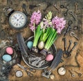 Easter decoration flowers eggs. Antique objects Royalty Free Stock Photo