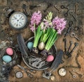 Easter decoration flowers eggs Vintage objects Royalty Free Stock Photo