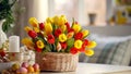 Easter decoration in house interior, wicker basket with bouquet of blooming yellow and red tulips, eggs and blurred background Royalty Free Stock Photo