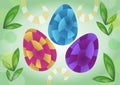 Easter decoration in optical art style, colored eggs on green background and young spring leaves Royalty Free Stock Photo