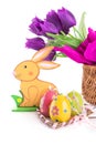 Easter decoration with rabbit, eggs and tulips Royalty Free Stock Photo