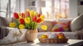 Easter decoration in sunny house interior, bouquet of blooming yellow and red tulips, easter eggs Royalty Free Stock Photo