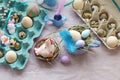 Easter decoration, toy chicken, eggs on a windowsill Royalty Free Stock Photo