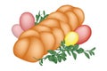 Sweet braided homemade bread with four easter eggs and twig with leaves decorated isolated