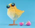 Easter decoration of a yellow chick wearing silly sunglasses with a pink cracked, hatched Easter egg Royalty Free Stock Photo