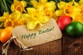 Easter decoration with yellow flowers sunlight effect Royalty Free Stock Photo