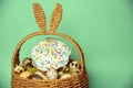 Easter decorations in a basket with rabbit ears. Easter cake and eggs on moss, quail eggs and feathers on mint green background Royalty Free Stock Photo