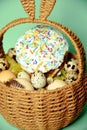 Easter decorations in a basket with rabbit ears. Easter cake and eggs on moss, quail eggs and feathers on mint green background Royalty Free Stock Photo
