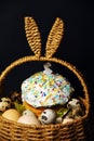 Easter decorations in a basket with rabbit ears. Easter cake and eggs on moss, quail eggs and feathers on a black dark background Royalty Free Stock Photo