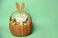 Easter decorations in a basket with rabbit ears. Easter cake and eggs on moss, quail eggs and feathers on mint green background. Royalty Free Stock Photo