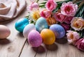 Easter decorations, colorfully painted and decorated Easter eggs and spring flowers on a wood background Royalty Free Stock Photo