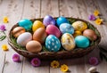 Easter decorations, colorfully painted and decorated Easter eggs and spring flowers on a wood background Royalty Free Stock Photo