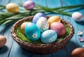 Easter decorations, colorfully painted and decorated Easter eggs and spring flowers on a wood background Royalty Free Stock Photo