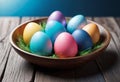 Easter decorations, colorfully painted and decorated Easter eggs and spring flowers on a wood background Royalty Free Stock Photo