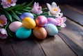 Easter decorations, colorfully painted and decorated Easter eggs and spring flowers on a wood background Royalty Free Stock Photo