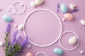 Top view photo of blank circles colorful easter eggs and bunch of lavender flowers on isolated pastel violet background Royalty Free Stock Photo