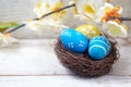 Easter decorations. Eggs in nests on wood