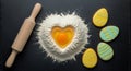 Easter decorations: gingerbread in the form of Easter eggs, fresh flour with a broken raw egg in the shape of a heart. Royalty Free Stock Photo
