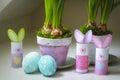 Easter decorations homemade bunnies eggs flowerpots Royalty Free Stock Photo