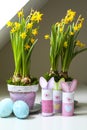 Easter decorations homemade bunnies eggs flowerpots Royalty Free Stock Photo