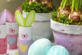 Easter decorations homemade bunnies eggs flowerpots Royalty Free Stock Photo