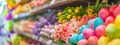 Easter decorations on store shelves. Colorful Easter eggs and flowers in a blurred store aisle. Selective focus.