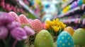 Easter decorations on store shelves. Colorful Easter eggs and flowers in a blurred store aisle. Selective focus.