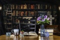 Easter decorations on table with old library background