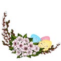 Easter decorations from young willow branches, decorated with multicolored Easter eggs and pink cherry flowers.