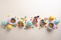 Easter decorative border made of festive elements Cookie cutters, sugar sprinkling, eggs. Top view with copy space. Sweet baking c