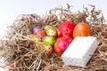 Easter decorative chocolate and chicken eggs in the nest with white gift box Royalty Free Stock Photo