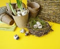 Easter decorative composition on a yellow background.Nest with quail eggs.