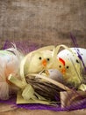 Easter decorative composition with yellow chickens nest, color eggs and colorful feathers on wooden board