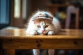 Easter Delight: Adorable Kitty Wearing Eastern Hat on Wooden Desk (AI Generated)