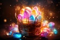 Easter Delight. Basketful of Glowing Multi-Colored Eggs and Pure Happiness for a Celebration