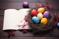 Easter delight, colorful eggs on a nest, wooden background, notebook