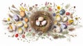 Easter Delight: Colorful Quail Eggs & Spring Flowers on White Background - Top View Royalty Free Stock Photo