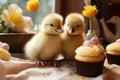 Easter delight ducklings, quail eggs, and cupcakes adorn the table