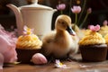 Easter delight ducklings, quail eggs, and cupcakes adorn the table