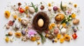 Easter Delight: Quail Eggs and Blooming Flowers on White Background