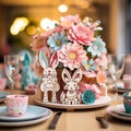 Easter Delight: Vibrant Papercraft Table Setting with DIY Card and Pastel Decor