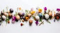 Easter Delight: Vibrant Quail Eggs and Blooms From Above with Copy Space