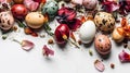 Easter Delight: Vivid Quail Eggs & Fresh Petals in Birds-Eye View