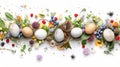 Easter Delights: Colorful Quail Eggs & Spring Blooms on Pure White Background